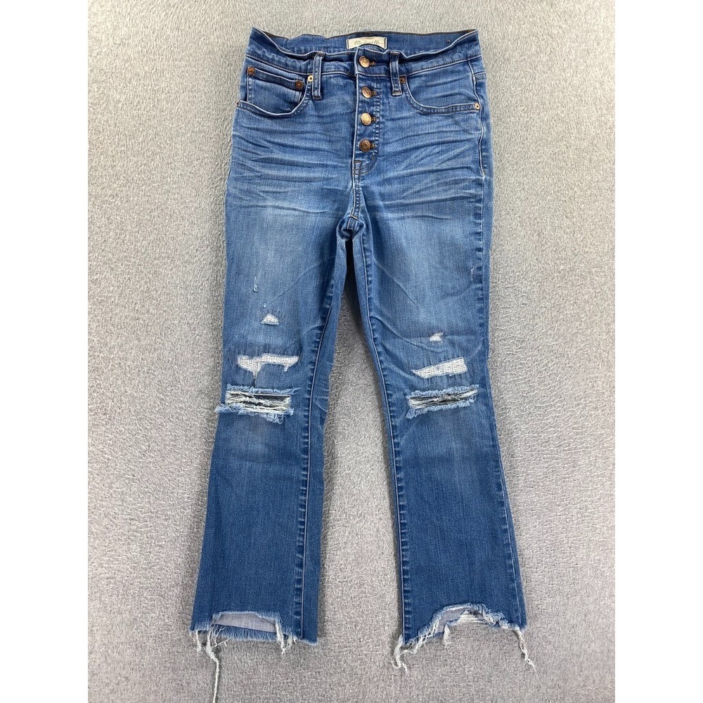 Madewell Cali Demi Bootcut Jeans Women 25 Blue Distressed Raw Hem Button Fly